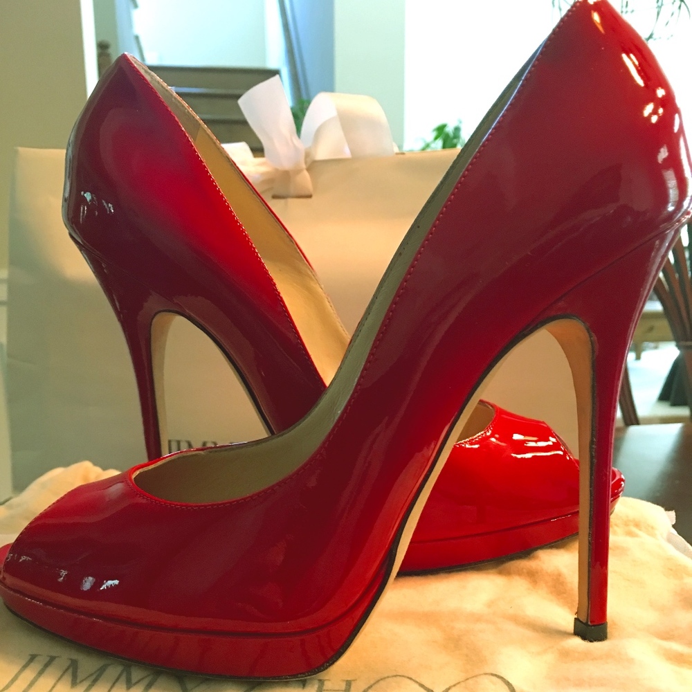 Jimmy Choo "Quiet" Patent Peep Toe Platform Pumps